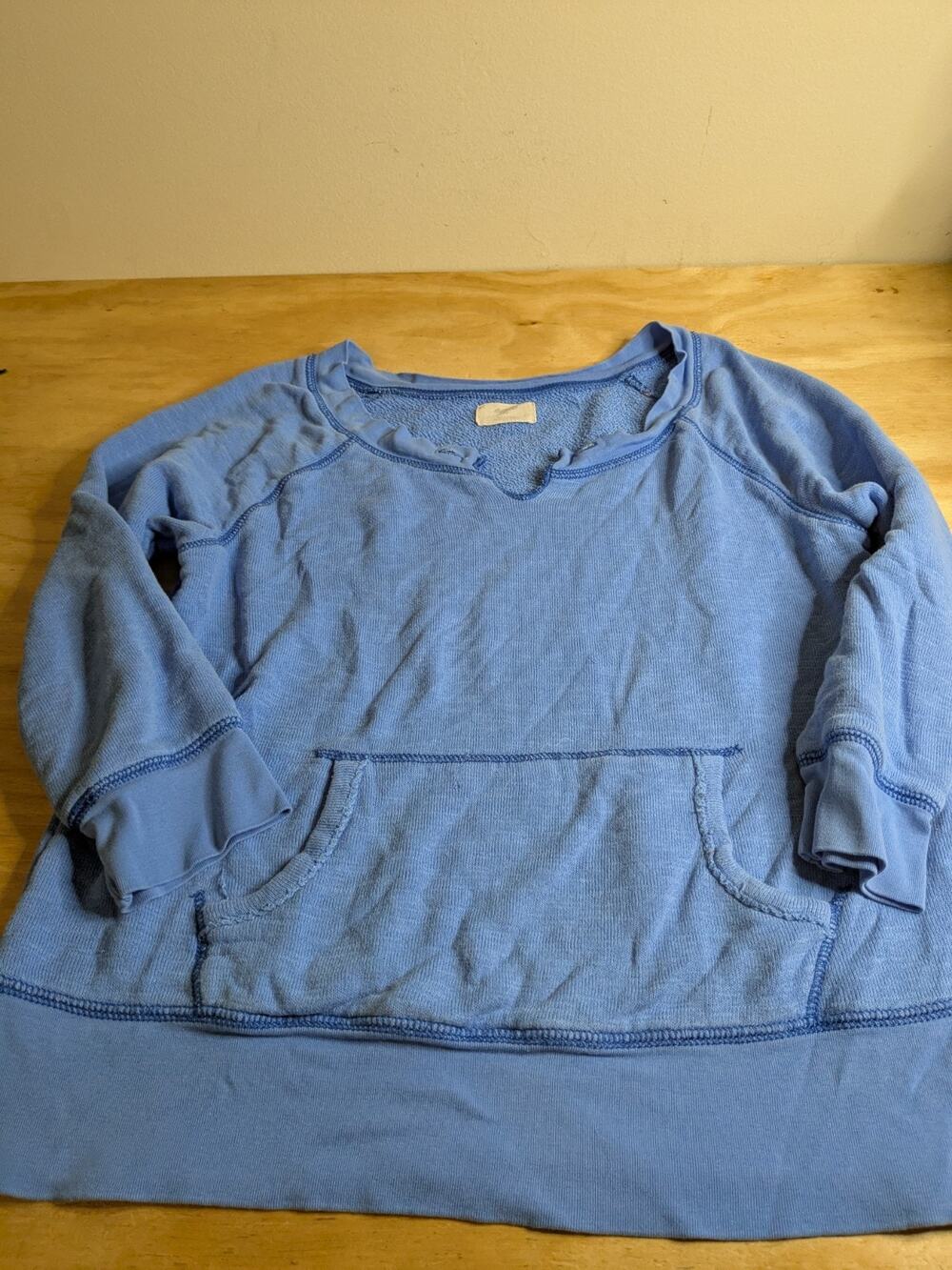 Aerie Women's Junior Sleep Shirt Sz L Blue Sweater Quarter Sleeve Front Pocket